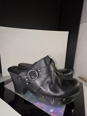 Kork-Ease Felicia Platform Black Leather Studded Clog Mules Buckle Sz 8.5/40